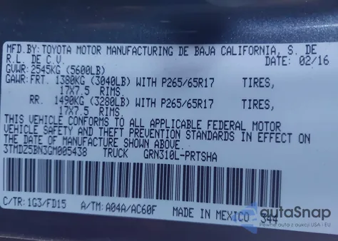 2016 Toyota Tacoma Trd Sport z USA, uszkodzony, nr VIN 3TMDZ5BN3GM005438